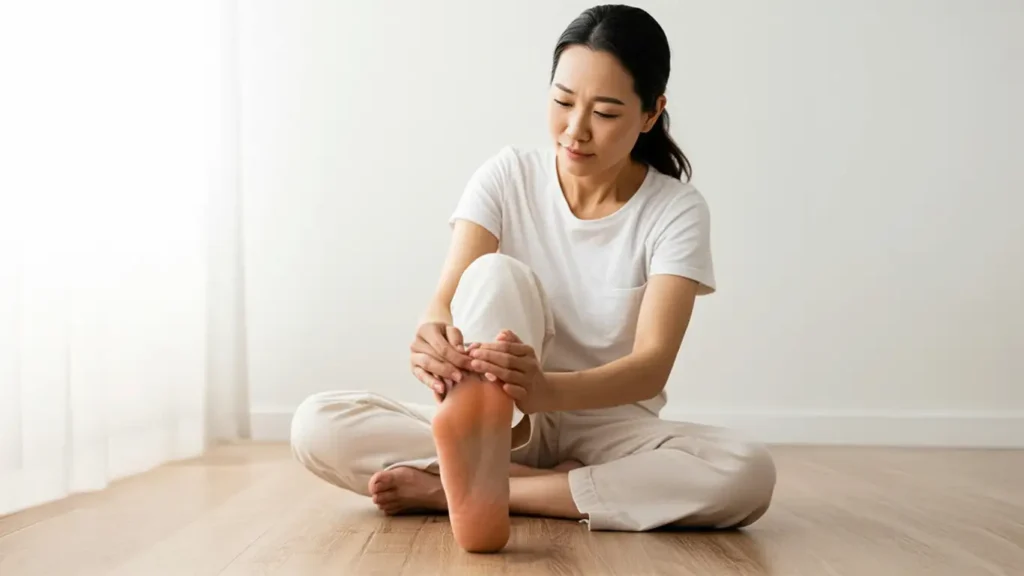 A Southeast Asian adult examining their foot at home, looking thoughtful, with subtle pain or concern on their face. Bright, soft lighting. Wearing casual indoor clothes. Focus on foot alignment or arch. Clean background with medical wellness tone.