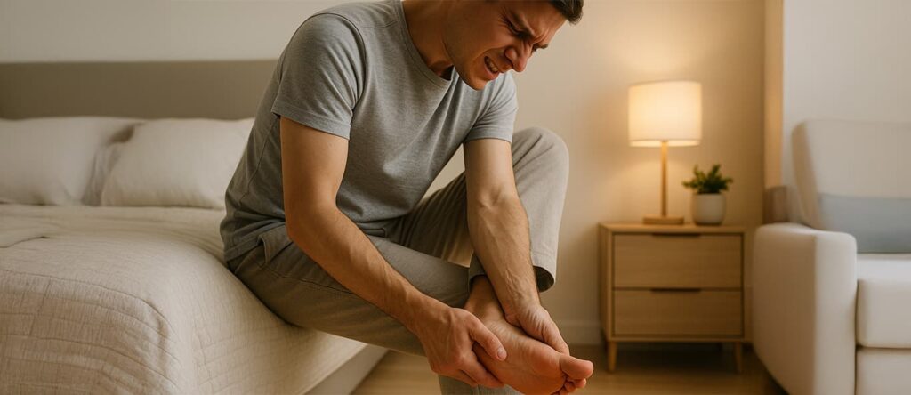 A person sitting on the edge of a bed, holding their heel in discomfort