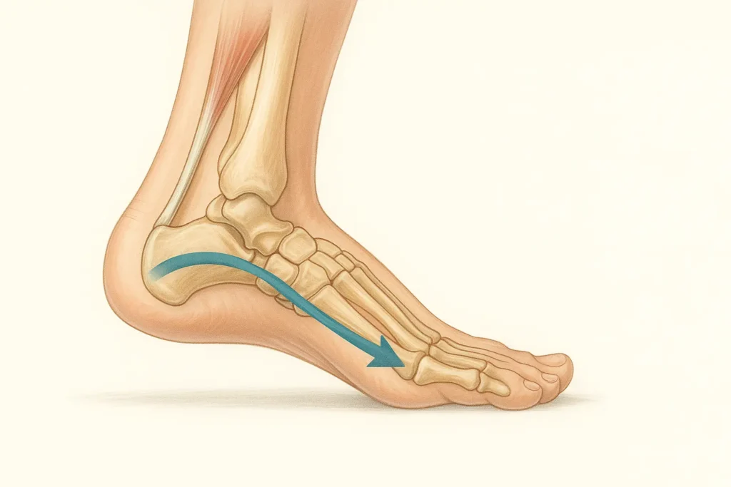 Illustration or high-detail image showing normal pronation in a foot while walking. Arrows showing balanced movement inward.