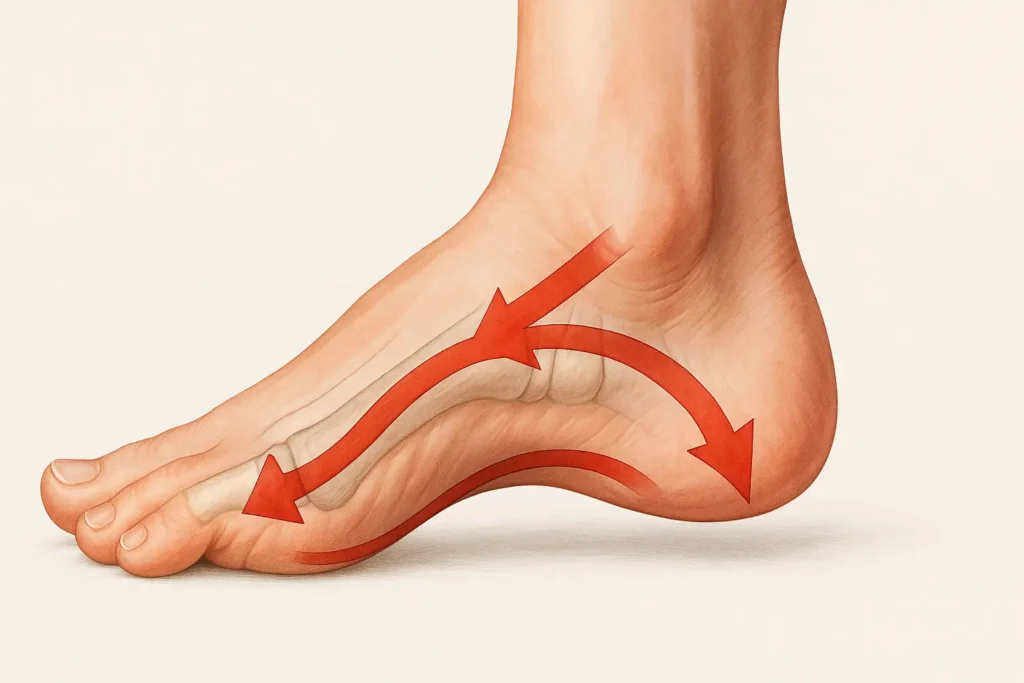 Illustration or high-detail image showing overpronation of the foot, with exaggerated inward roll and collapsed arch. Use guiding arrows to show motion.